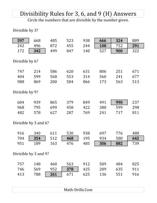 The Divisibility Rules for 3, 6 and 9 (3 Digit Numbers) (H) Math Worksheet Page 2