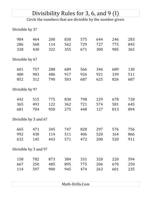 The Divisibility Rules for 3, 6 and 9 (3 Digit Numbers) (I) Math Worksheet