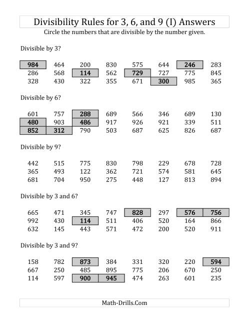 The Divisibility Rules for 3, 6 and 9 (3 Digit Numbers) (I) Math Worksheet Page 2