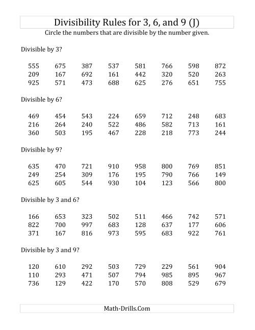 The Divisibility Rules for 3, 6 and 9 (3 Digit Numbers) (J) Math Worksheet