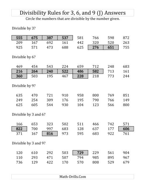 The Divisibility Rules for 3, 6 and 9 (3 Digit Numbers) (J) Math Worksheet Page 2