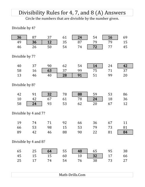 The Divisibility Rules for 4, 7 and 8 (2 Digit Numbers) (A) Math Worksheet Page 2