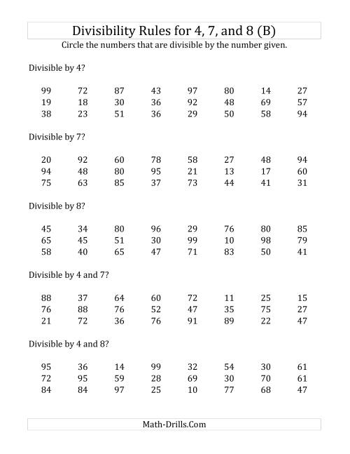 The Divisibility Rules for 4, 7 and 8 (2 Digit Numbers) (B) Math Worksheet