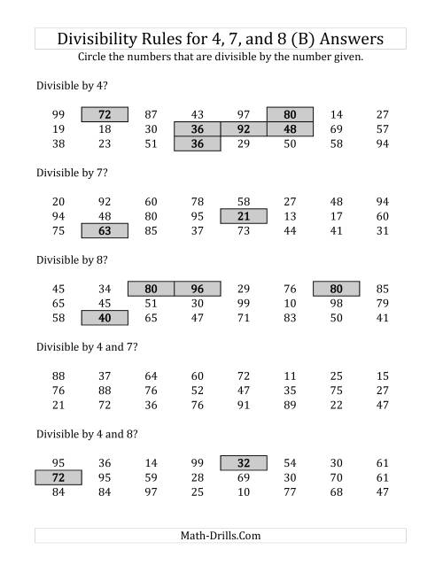 The Divisibility Rules for 4, 7 and 8 (2 Digit Numbers) (B) Math Worksheet Page 2