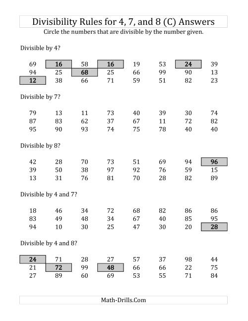 The Divisibility Rules for 4, 7 and 8 (2 Digit Numbers) (C) Math Worksheet Page 2