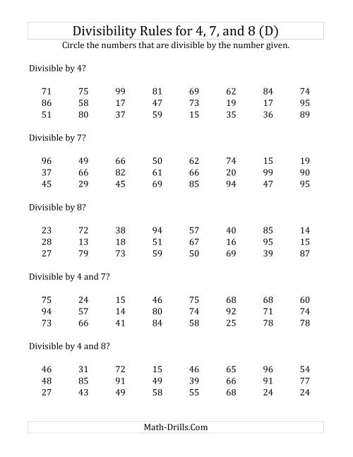 The Divisibility Rules for 4, 7 and 8 (2 Digit Numbers) (D) Math Worksheet
