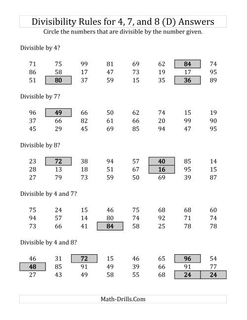 The Divisibility Rules for 4, 7 and 8 (2 Digit Numbers) (D) Math Worksheet Page 2