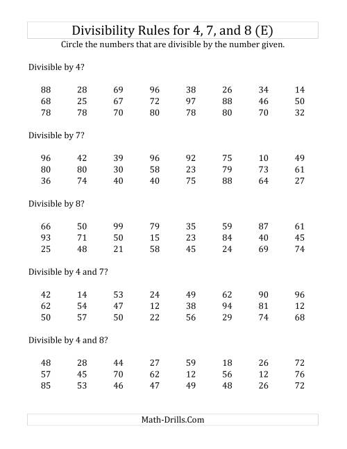 The Divisibility Rules for 4, 7 and 8 (2 Digit Numbers) (E) Math Worksheet