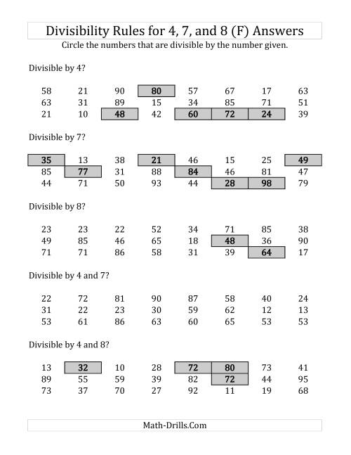 The Divisibility Rules for 4, 7 and 8 (2 Digit Numbers) (F) Math Worksheet Page 2