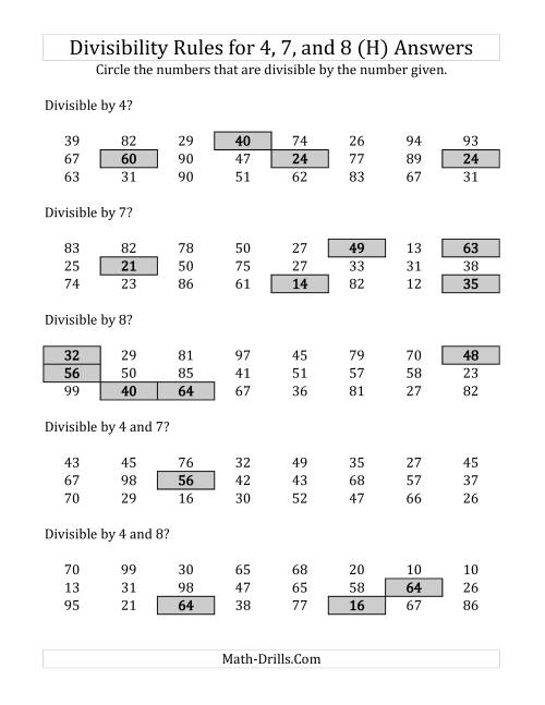 The Divisibility Rules for 4, 7 and 8 (2 Digit Numbers) (H) Math Worksheet Page 2