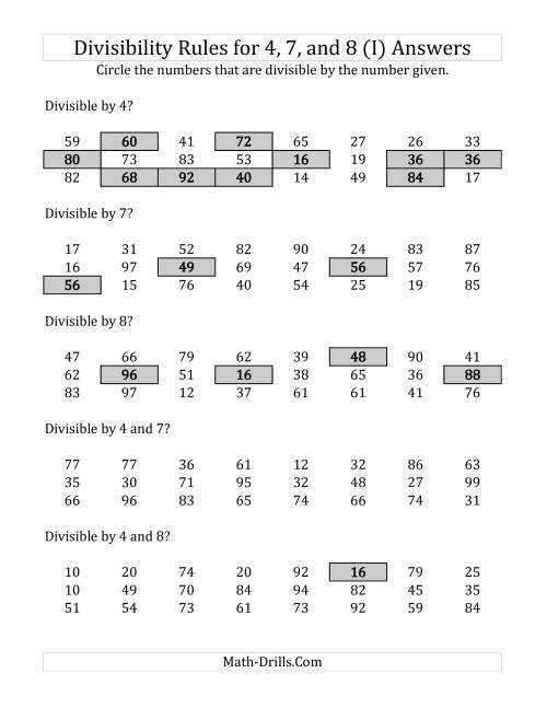 The Divisibility Rules for 4, 7 and 8 (2 Digit Numbers) (I) Math Worksheet Page 2