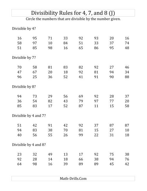 The Divisibility Rules for 4, 7 and 8 (2 Digit Numbers) (J) Math Worksheet