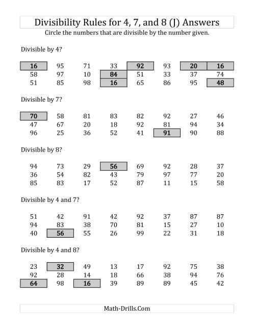 The Divisibility Rules for 4, 7 and 8 (2 Digit Numbers) (J) Math Worksheet Page 2