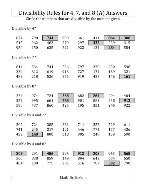 The Divisibility Rules for 4, 7 and 8 (3 Digit Numbers) (A) Math Worksheet Page 2