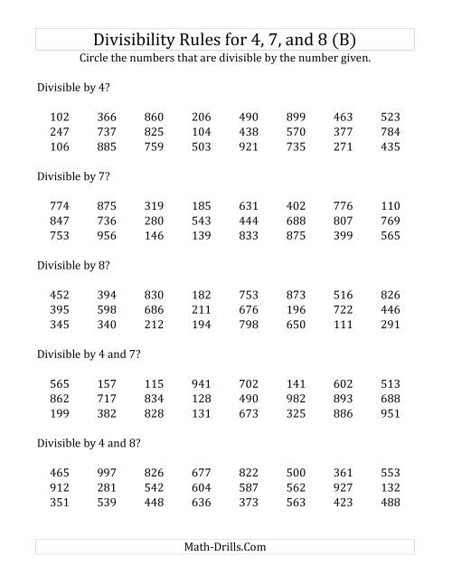 The Divisibility Rules for 4, 7 and 8 (3 Digit Numbers) (B) Math Worksheet
