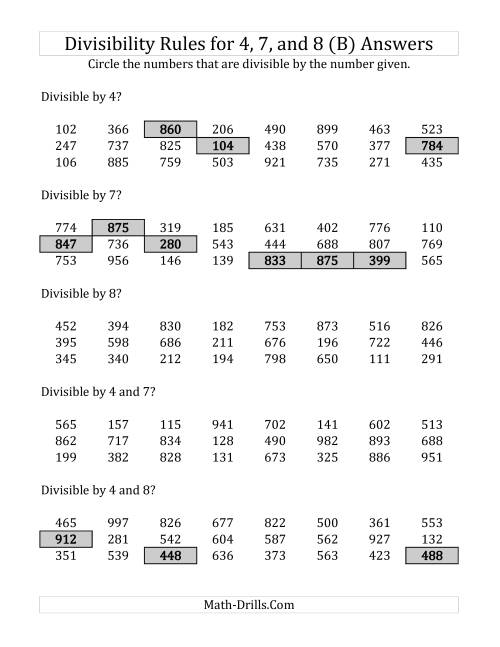 The Divisibility Rules for 4, 7 and 8 (3 Digit Numbers) (B) Math Worksheet Page 2