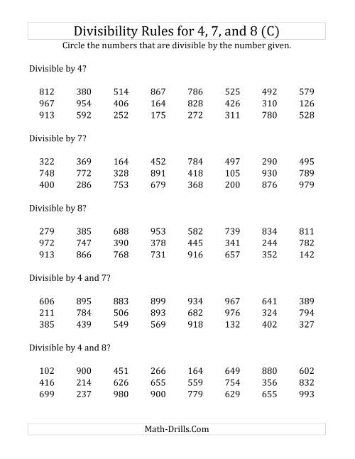 The Divisibility Rules for 4, 7 and 8 (3 Digit Numbers) (C) Math Worksheet