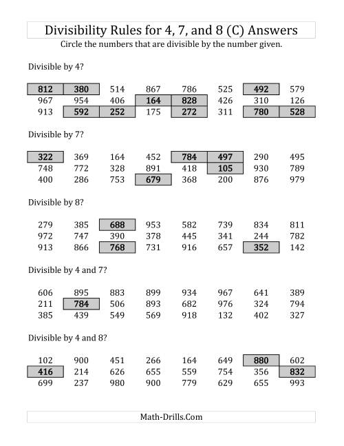 The Divisibility Rules for 4, 7 and 8 (3 Digit Numbers) (C) Math Worksheet Page 2