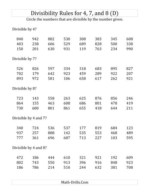 The Divisibility Rules for 4, 7 and 8 (3 Digit Numbers) (D) Math Worksheet
