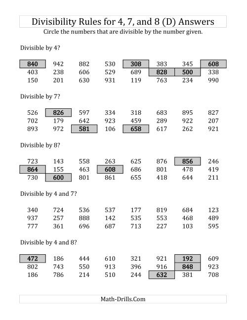 The Divisibility Rules for 4, 7 and 8 (3 Digit Numbers) (D) Math Worksheet Page 2