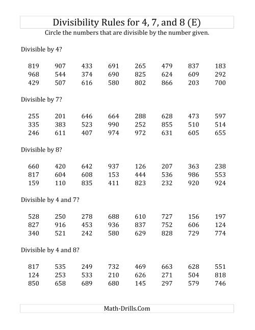 The Divisibility Rules for 4, 7 and 8 (3 Digit Numbers) (E) Math Worksheet