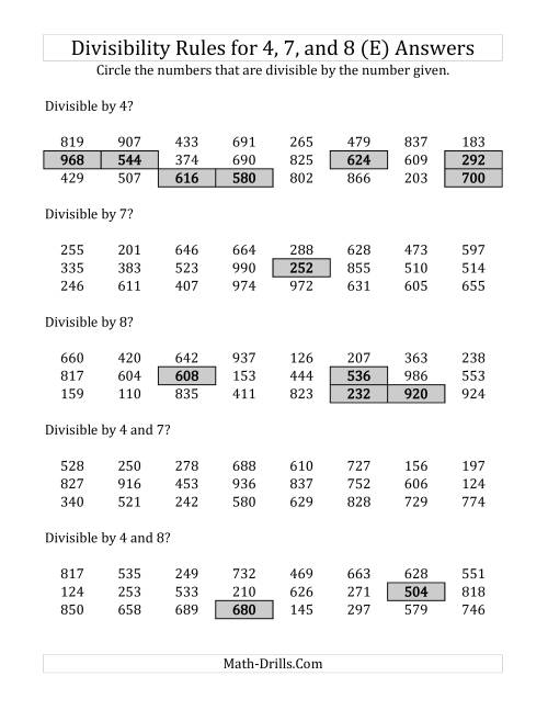 The Divisibility Rules for 4, 7 and 8 (3 Digit Numbers) (E) Math Worksheet Page 2