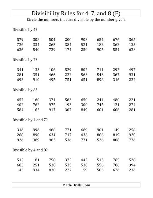 The Divisibility Rules for 4, 7 and 8 (3 Digit Numbers) (F) Math Worksheet