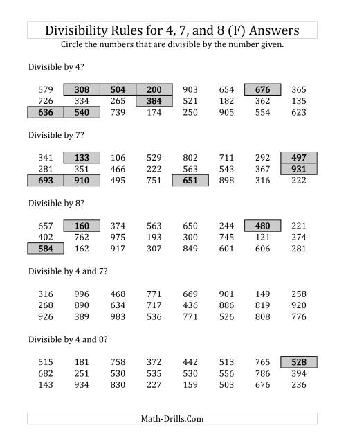 The Divisibility Rules for 4, 7 and 8 (3 Digit Numbers) (F) Math Worksheet Page 2