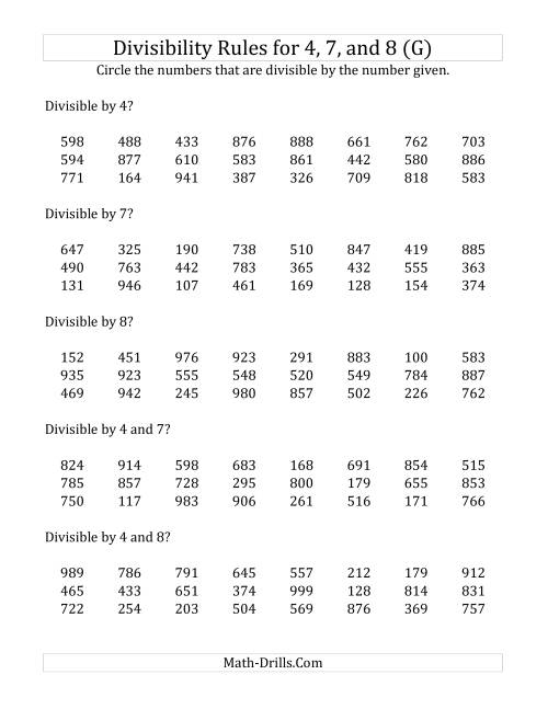 The Divisibility Rules for 4, 7 and 8 (3 Digit Numbers) (G) Math Worksheet