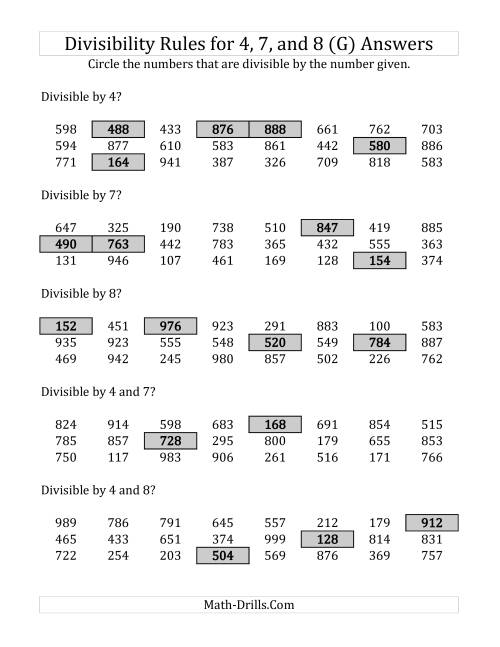 The Divisibility Rules for 4, 7 and 8 (3 Digit Numbers) (G) Math Worksheet Page 2