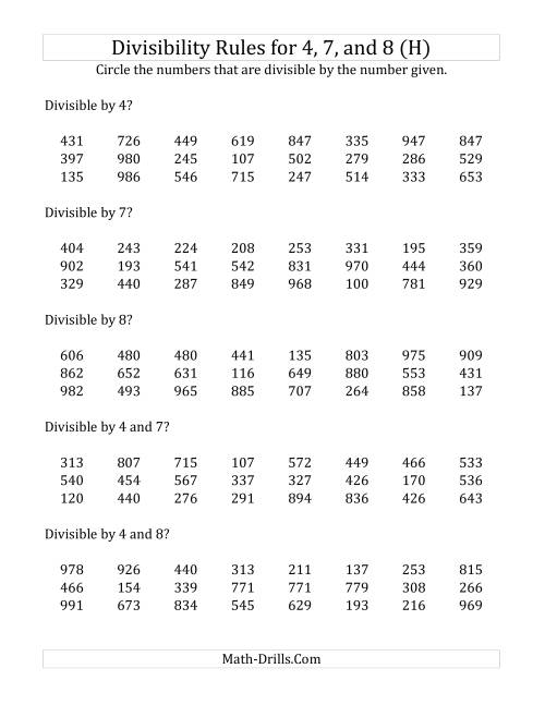 The Divisibility Rules for 4, 7 and 8 (3 Digit Numbers) (H) Math Worksheet