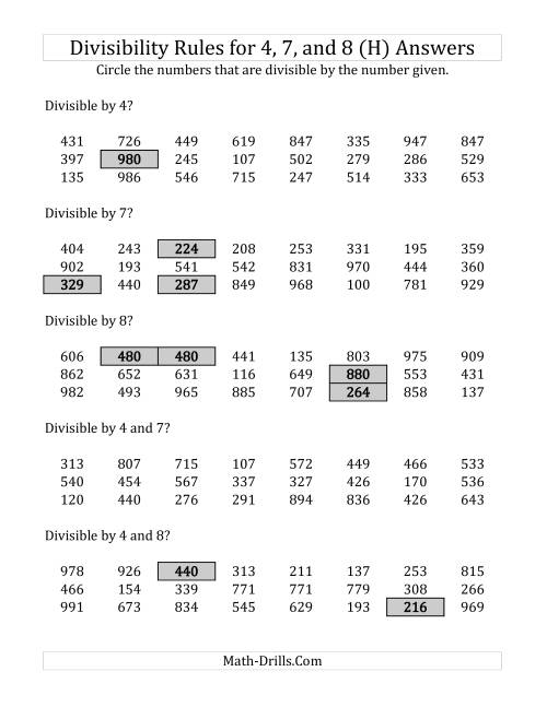 The Divisibility Rules for 4, 7 and 8 (3 Digit Numbers) (H) Math Worksheet Page 2