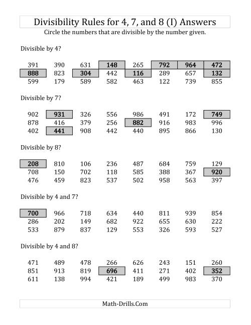 The Divisibility Rules for 4, 7 and 8 (3 Digit Numbers) (I) Math Worksheet Page 2