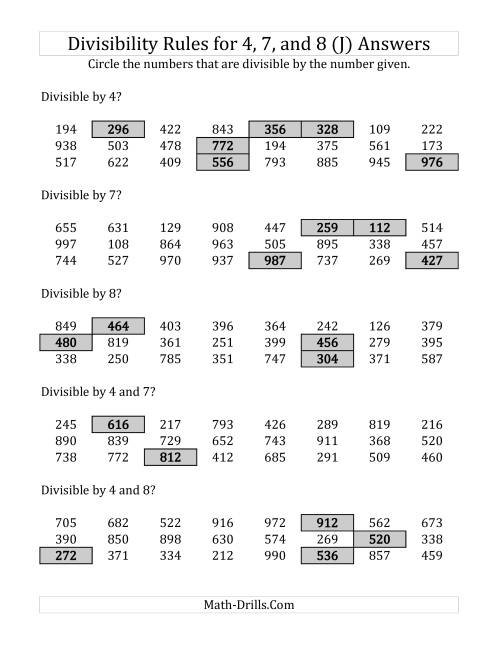 The Divisibility Rules for 4, 7 and 8 (3 Digit Numbers) (J) Math Worksheet Page 2
