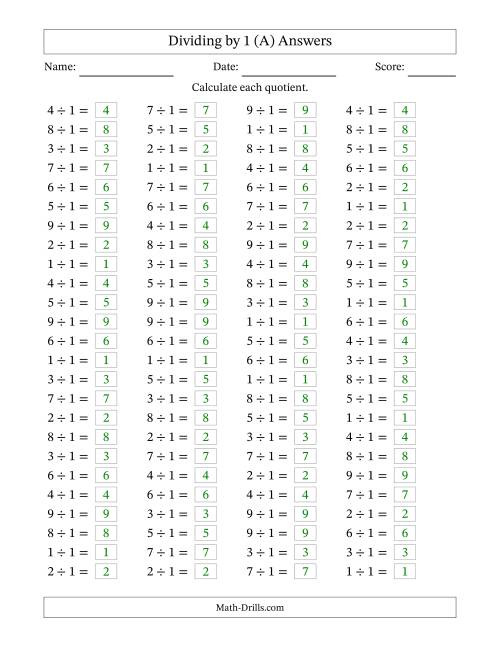 The Horizontally Arranged Dividing by 1 with Quotients 1 to 9 (100 Questions) (A) Math Worksheet Page 2