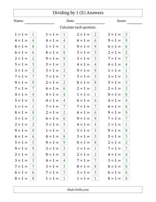 The Horizontally Arranged Dividing by 1 with Quotients 1 to 9 (100 Questions) (E) Math Worksheet Page 2