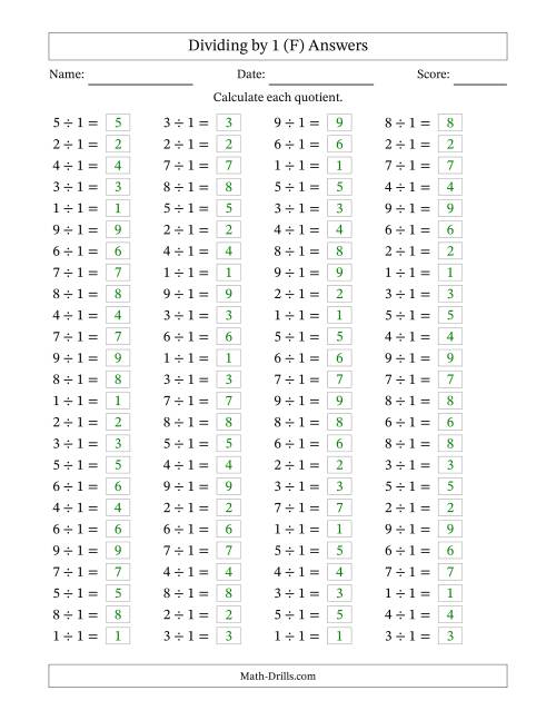 The Horizontally Arranged Dividing by 1 with Quotients 1 to 9 (100 Questions) (F) Math Worksheet Page 2