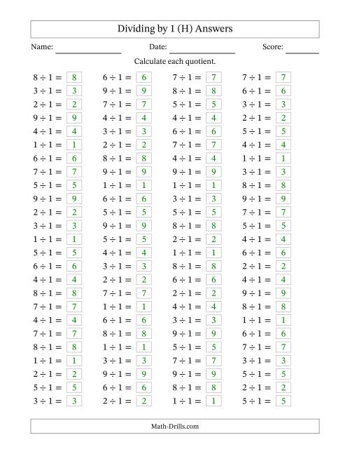 The Horizontally Arranged Dividing by 1 with Quotients 1 to 9 (100 Questions) (H) Math Worksheet Page 2
