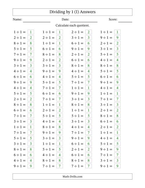 The Horizontally Arranged Dividing by 1 with Quotients 1 to 9 (100 Questions) (I) Math Worksheet Page 2