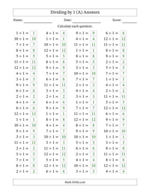 The Horizontally Arranged Dividing by 1 with Quotients 1 to 12 (100 Questions) (A) Math Worksheet Page 2
