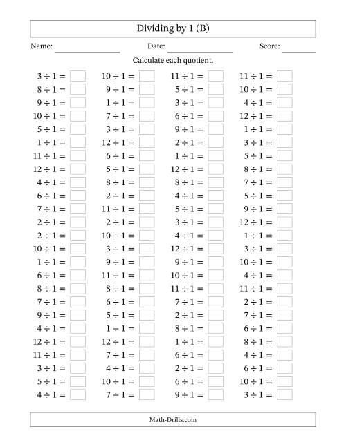 The Horizontally Arranged Dividing by 1 with Quotients 1 to 12 (100 Questions) (B) Math Worksheet
