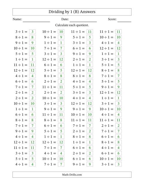 The Horizontally Arranged Dividing by 1 with Quotients 1 to 12 (100 Questions) (B) Math Worksheet Page 2