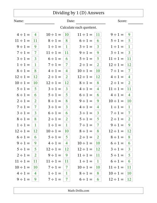The Horizontally Arranged Dividing by 1 with Quotients 1 to 12 (100 Questions) (D) Math Worksheet Page 2