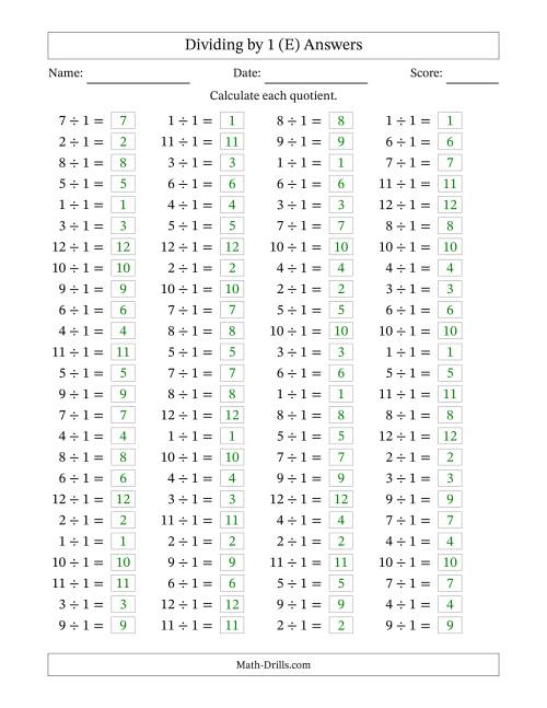 The Horizontally Arranged Dividing by 1 with Quotients 1 to 12 (100 Questions) (E) Math Worksheet Page 2