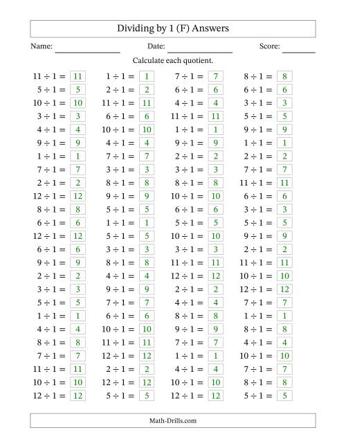 The Horizontally Arranged Dividing by 1 with Quotients 1 to 12 (100 Questions) (F) Math Worksheet Page 2