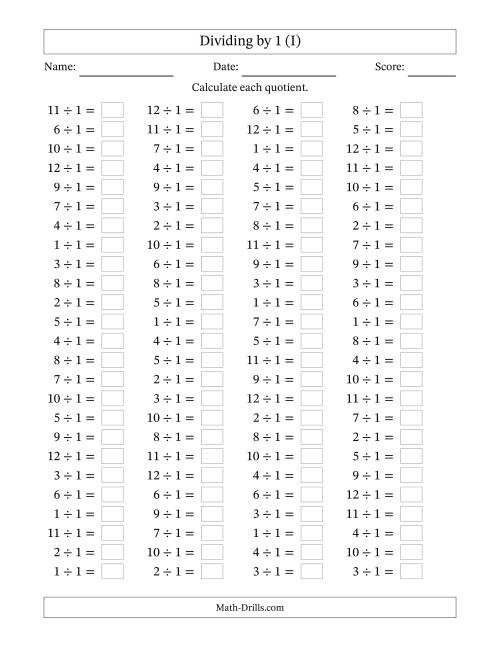 The Horizontally Arranged Dividing by 1 with Quotients 1 to 12 (100 Questions) (I) Math Worksheet