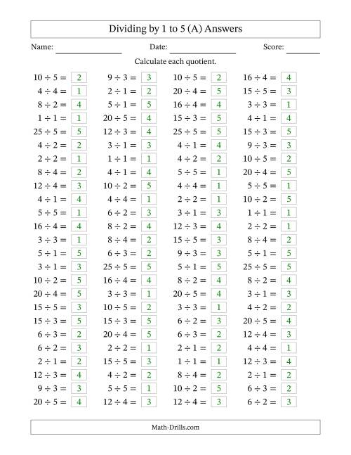The Horizontally Arranged Division Facts with Divisors 1 to 5 and Dividends to 25 (100 Questions) (A) Math Worksheet Page 2