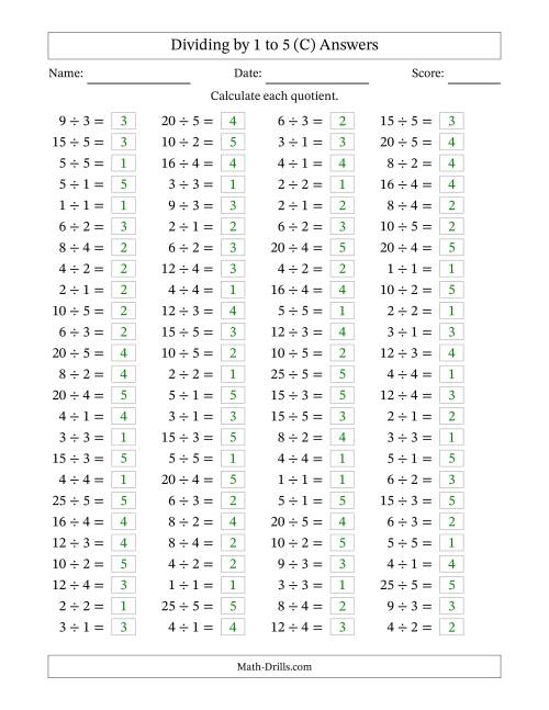 The Horizontally Arranged Division Facts with Divisors 1 to 5 and Dividends to 25 (100 Questions) (C) Math Worksheet Page 2