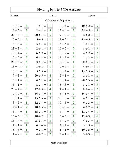 The Horizontally Arranged Division Facts with Divisors 1 to 5 and Dividends to 25 (100 Questions) (D) Math Worksheet Page 2