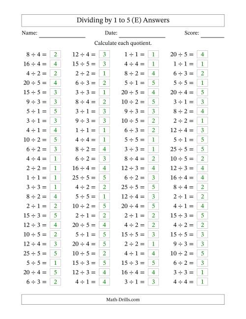 The Horizontally Arranged Division Facts with Divisors 1 to 5 and Dividends to 25 (100 Questions) (E) Math Worksheet Page 2